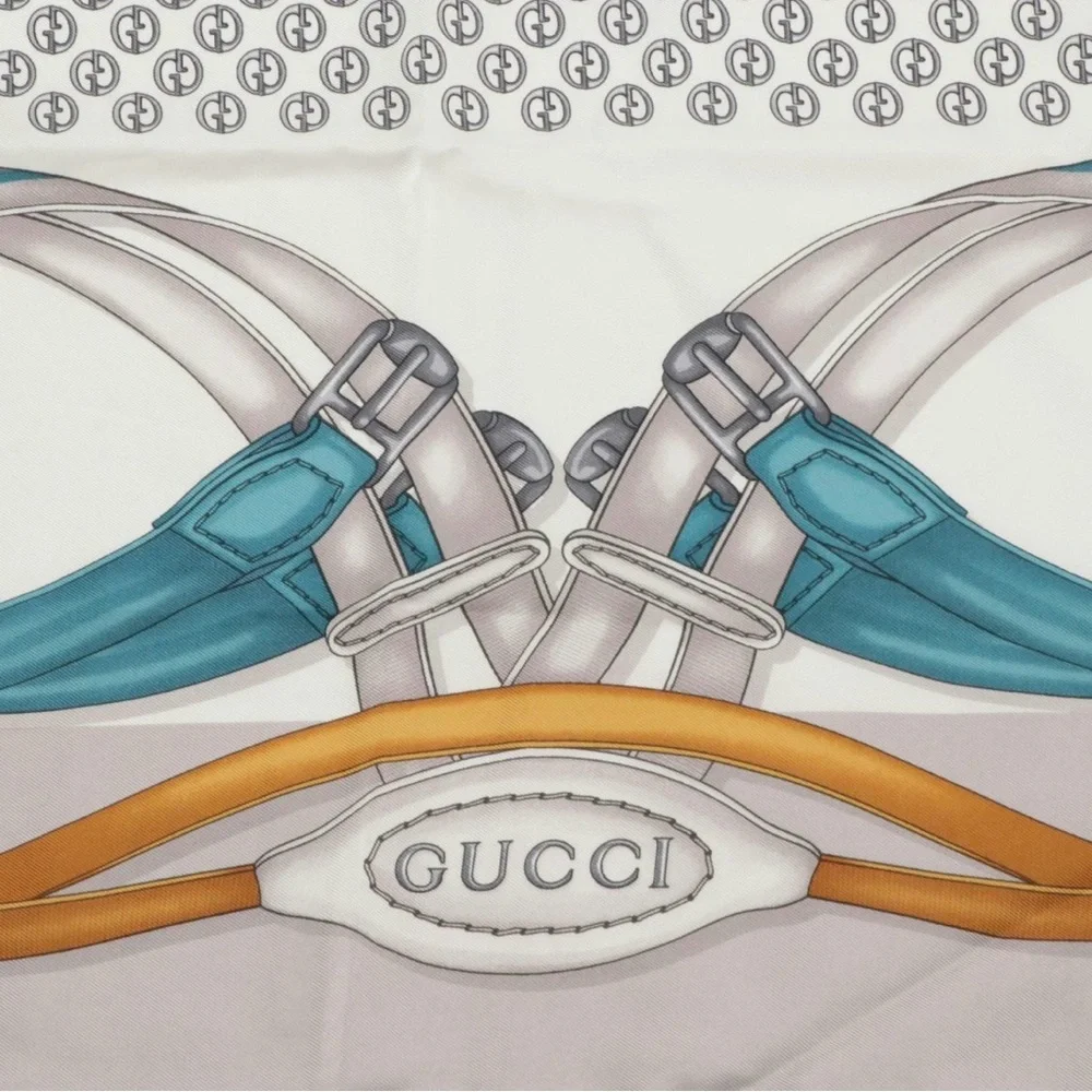 Gucci Vintage Silk Scarf 34” Equestrian Chain Print Blue Gold Italy NWOT